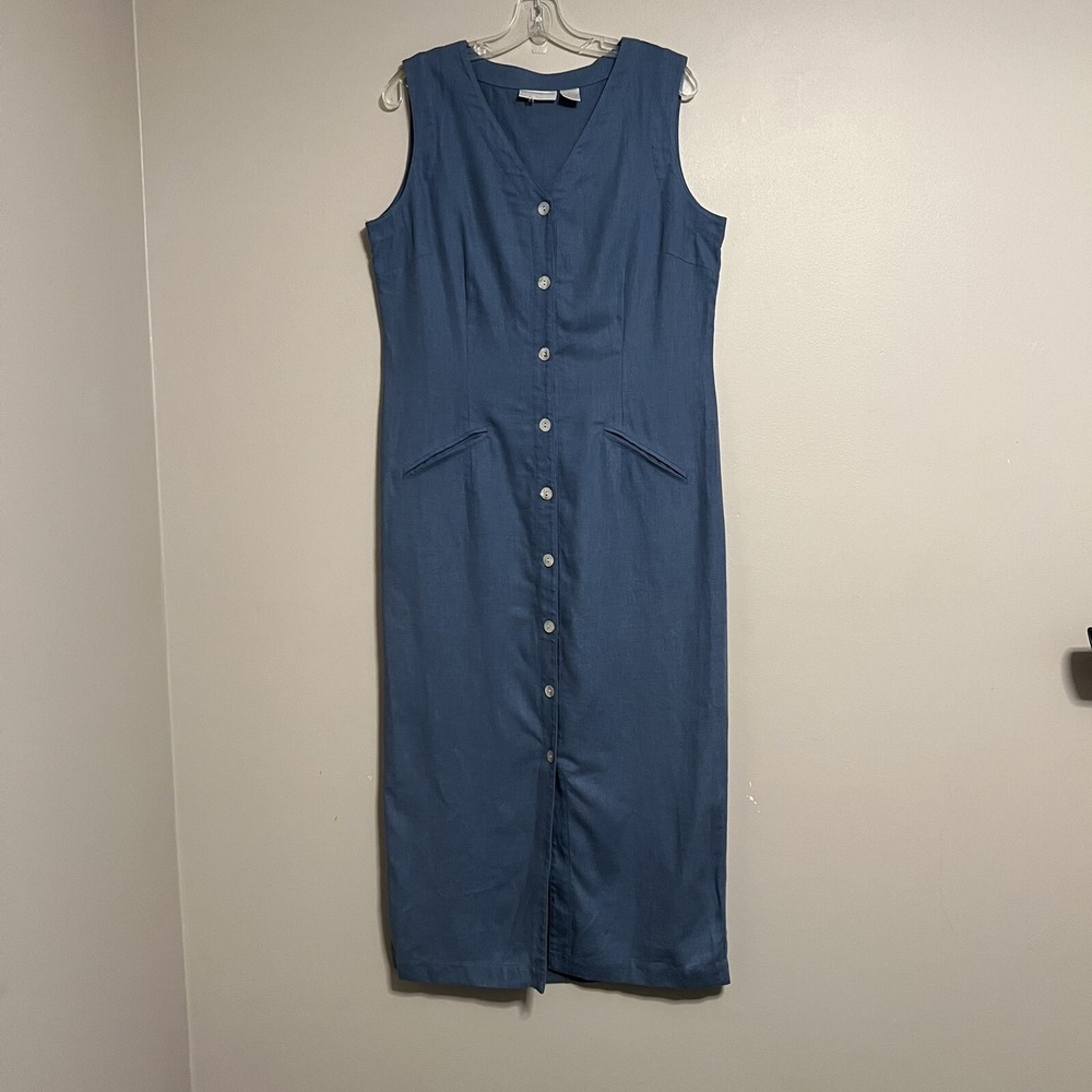 Worthington Blue Linen Blend Button Front Sleeveless Midi Dress Pockets Size 14